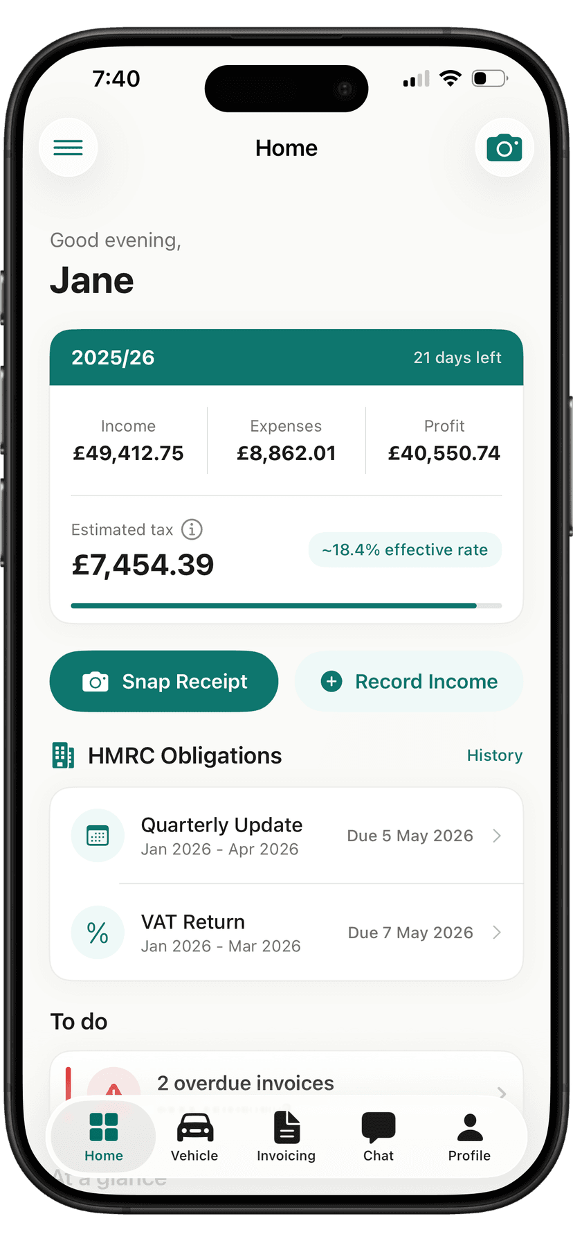 Solas app showing HMRC obligations dashboard with quarterly updates and VAT returns